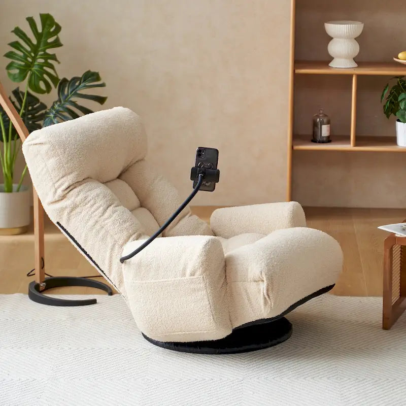 Beige Boucle Swivel Recliner, 5-Angle Adjustable Backrest & Headrest, 360° Rotation, Single