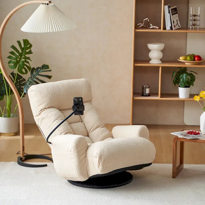 Beige Boucle Swivel Recliner, 5-Angle Adjustable Backrest & Headrest, 360° Rotation, Single