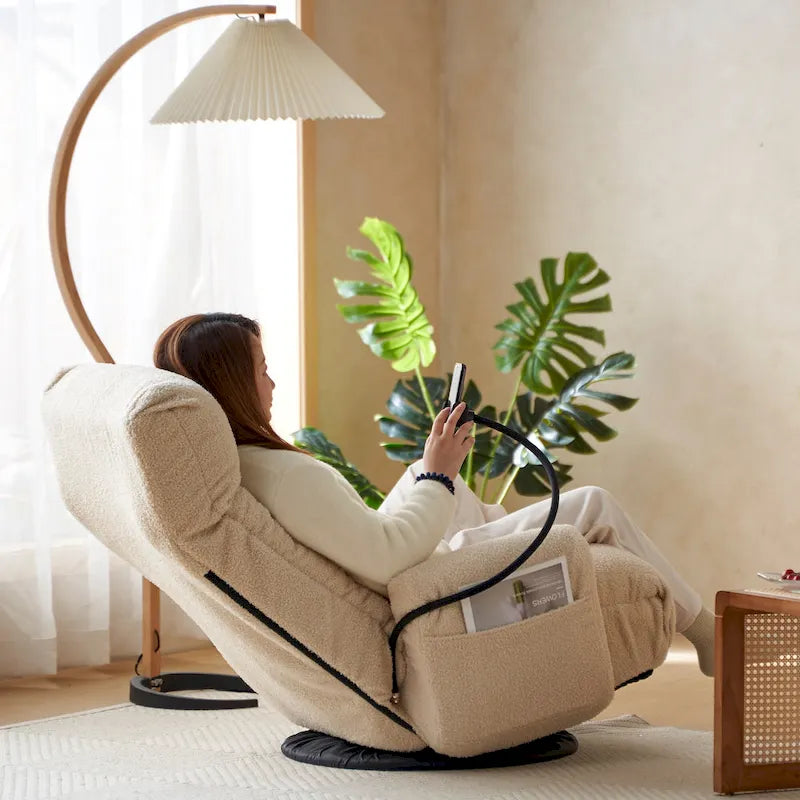 Beige Boucle Swivel Recliner, 5-Angle Adjustable Backrest & Headrest, 360° Rotation, Single