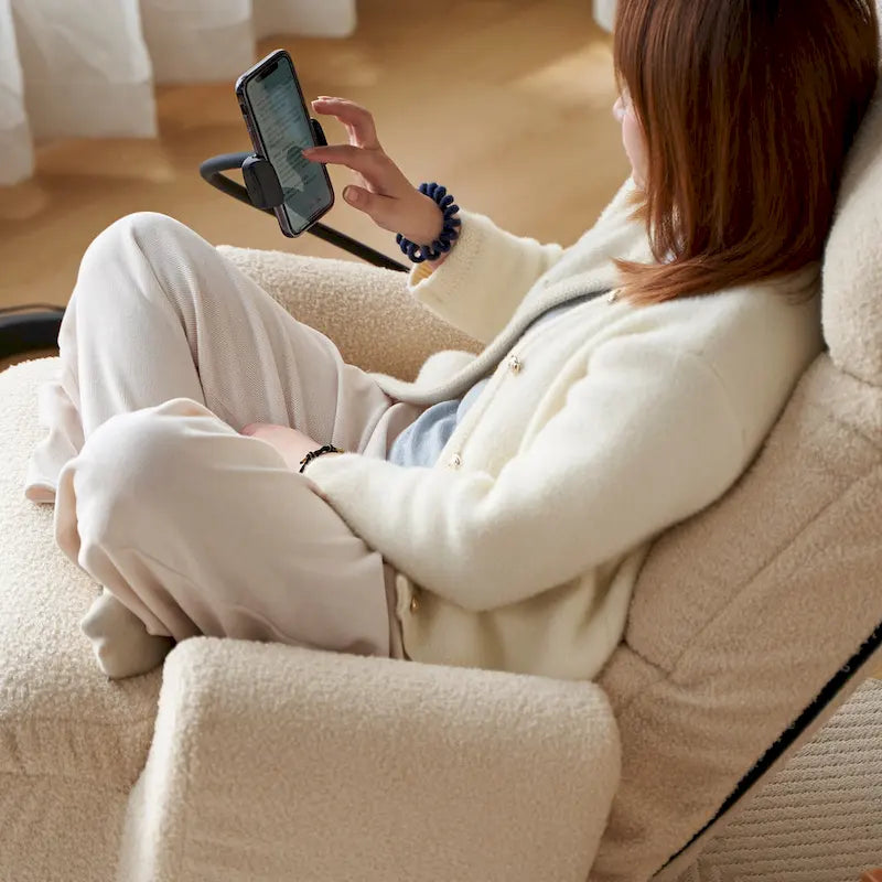 Beige Boucle Swivel Recliner, 5-Angle Adjustable Backrest & Headrest, 360° Rotation, Single