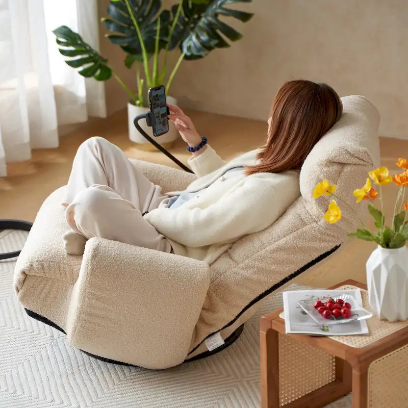 Beige Boucle Swivel Recliner, 5-Angle Adjustable Backrest & Headrest, 360° Rotation, Single