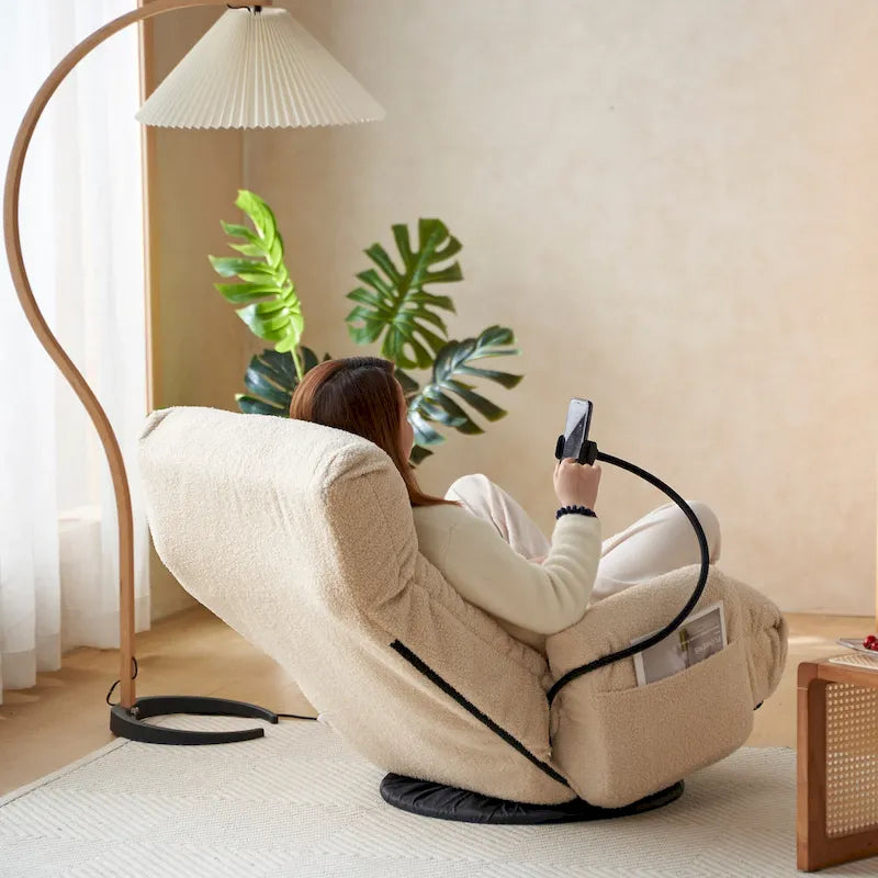 Beige Boucle Swivel Recliner, 5-Angle Adjustable Backrest & Headrest, 360° Rotation, Single