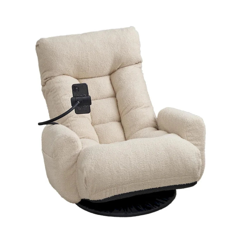 Beige Boucle Swivel Recliner, 5-Angle Adjustable Backrest & Headrest, 360° Rotation, Single