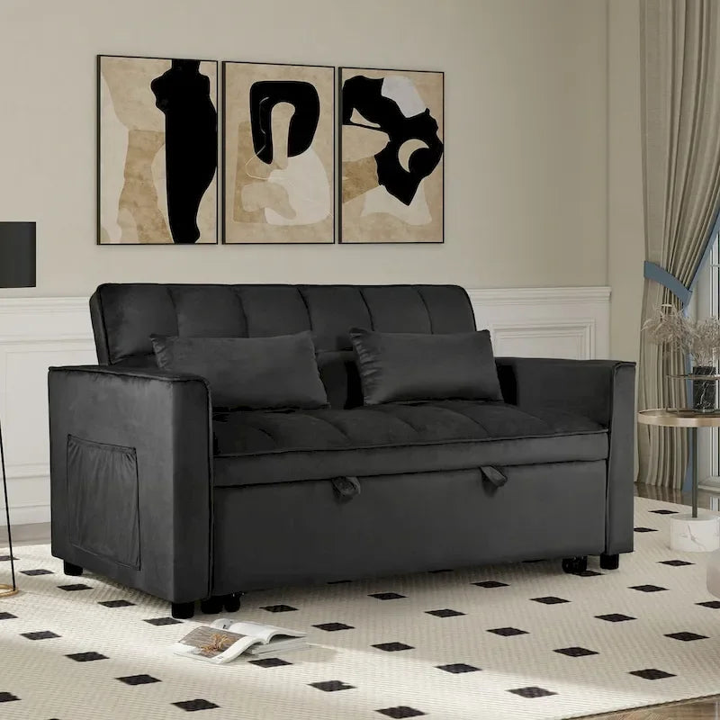 Sofá Cama Convertible Negro Terciopelo – Extraíble, 2 Plazas