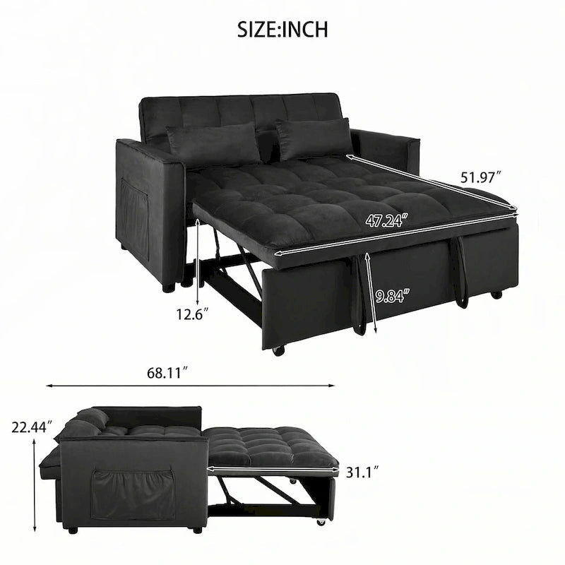 Sofá Cama Convertible Negro Terciopelo – Extraíble, 2 Plazas
