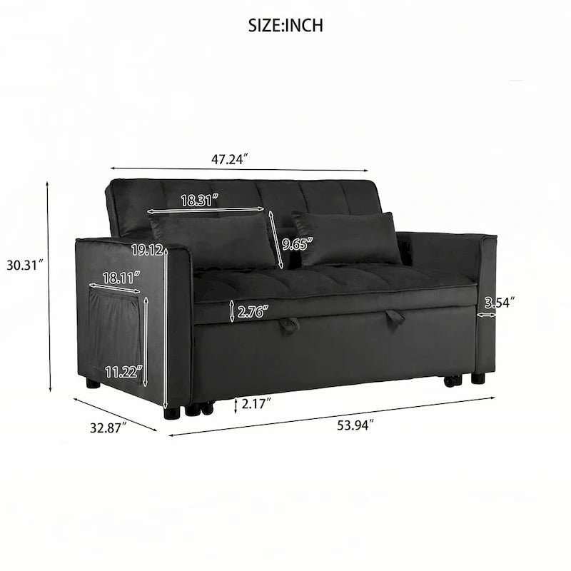 Sofá Cama Convertible Negro Terciopelo – Extraíble, 2 Plazas