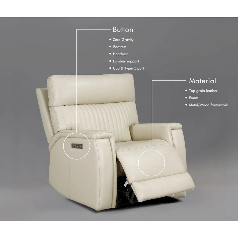 Cream/Green/Blue Leather Power Recliner with Zero Gravity, Single Seat