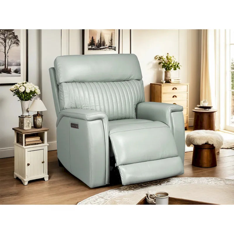 Cream/Green/Blue Leather Power Recliner with Zero Gravity, Single Seat