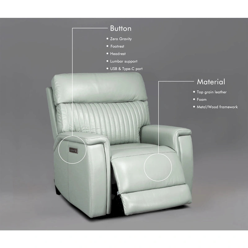 Cream/Green/Blue Leather Power Recliner with Zero Gravity, Single Seat