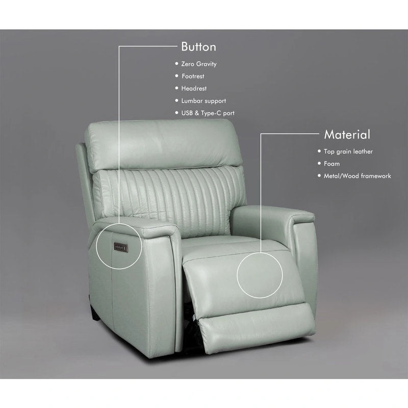 Reclinable eléctrico de piel en crema/verde/azul con gravedad cero, un asiento