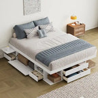 Cama de plataforma Queen blanca con cajones y estantes de almacenamiento, 1 persona