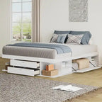 Cama de plataforma Queen blanca con cajones y estantes de almacenamiento, 1 persona