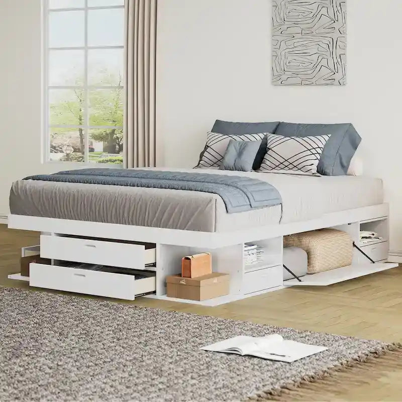 Cama de plataforma Queen blanca con cajones y estantes de almacenamiento, 1 persona