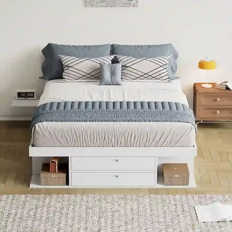 Cama de plataforma Queen blanca con cajones y estantes de almacenamiento, 1 persona