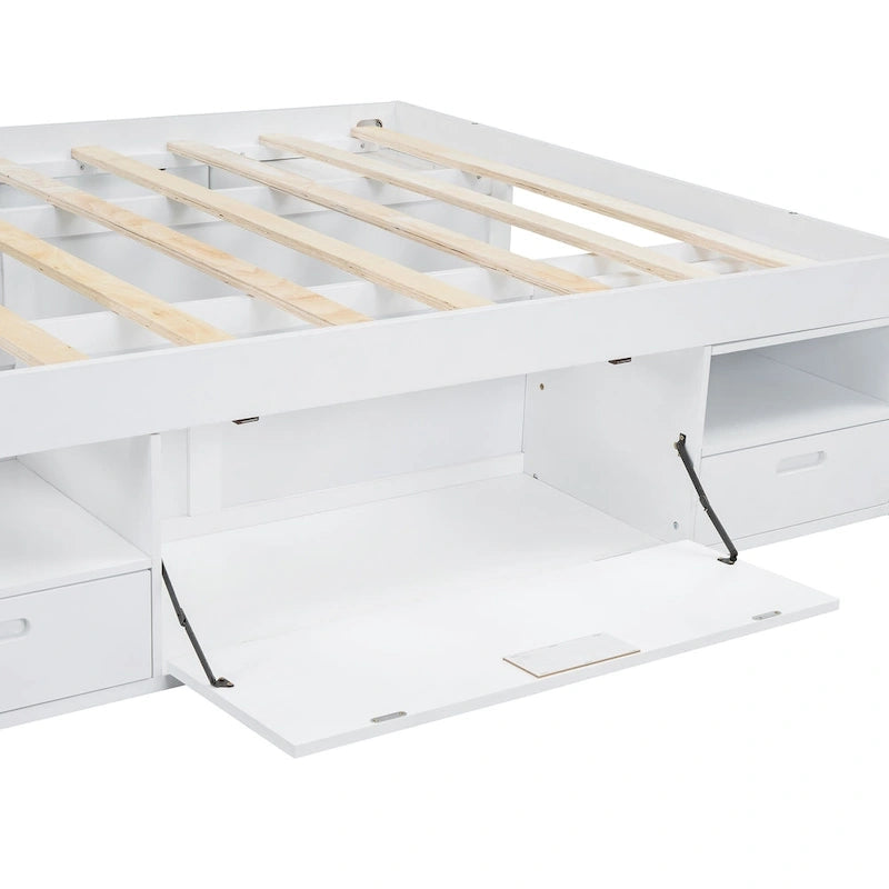 Cama de plataforma Queen blanca con cajones y estantes de almacenamiento, 1 persona