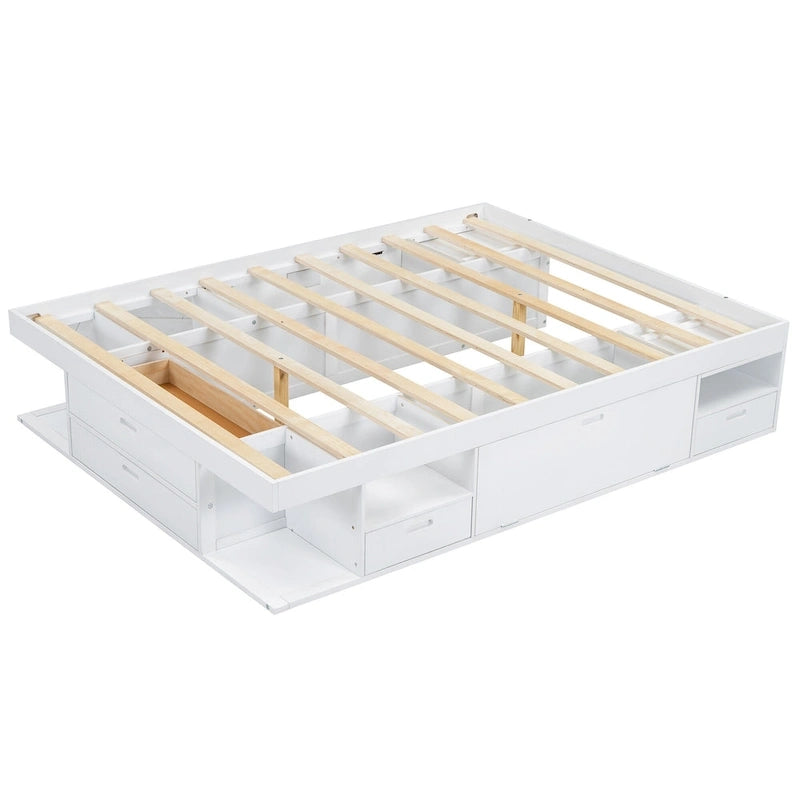 Cama de plataforma Queen blanca con cajones y estantes de almacenamiento, 1 persona