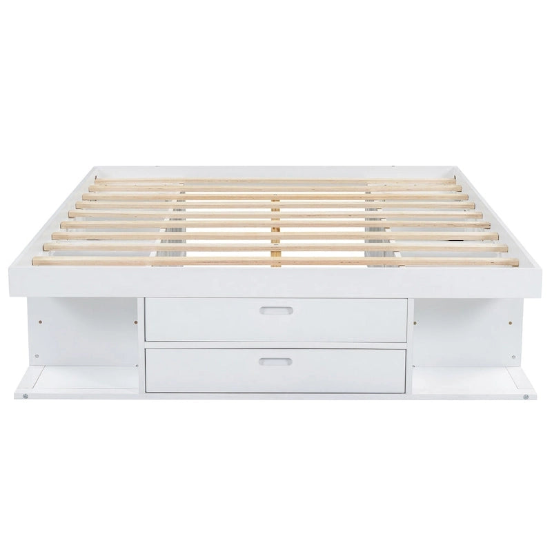 Cama de plataforma Queen blanca con cajones y estantes de almacenamiento, 1 persona
