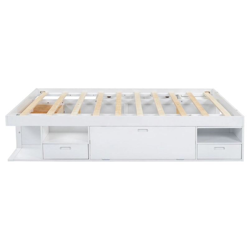Cama de plataforma Queen blanca con cajones y estantes de almacenamiento, 1 persona