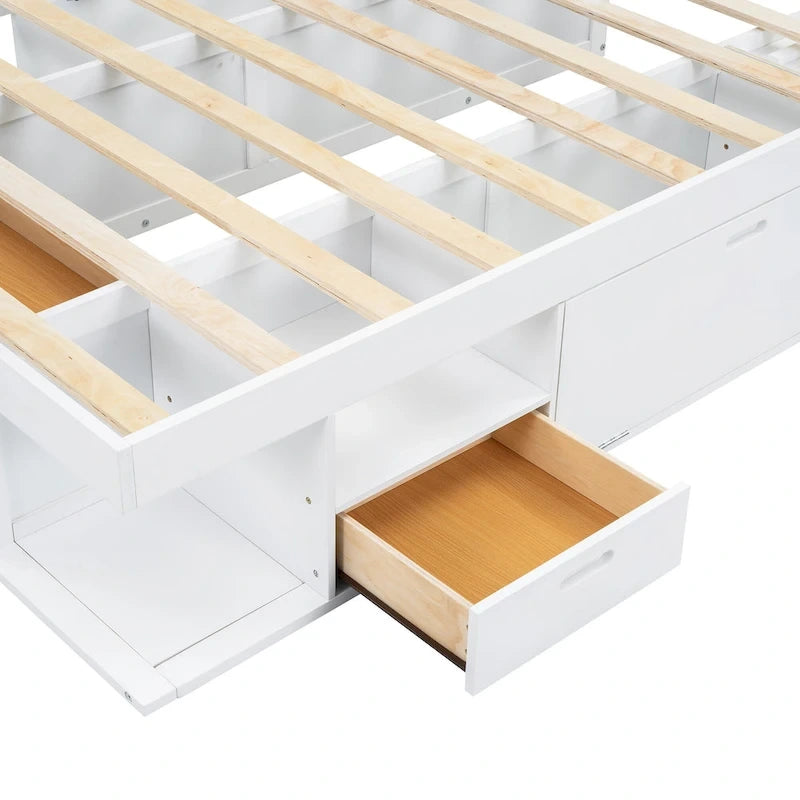Cama de plataforma Queen blanca con cajones y estantes de almacenamiento, 1 persona