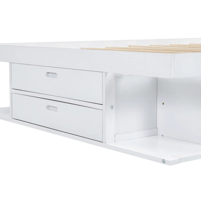 Cama de plataforma Queen blanca con cajones y estantes de almacenamiento, 1 persona