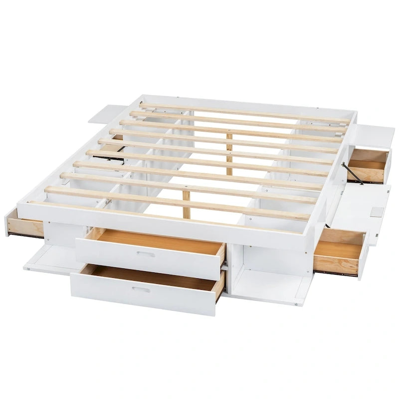 Cama de plataforma Queen blanca con cajones y estantes de almacenamiento, 1 persona