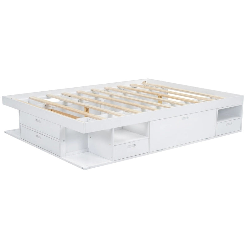 Cama de plataforma Queen blanca con cajones y estantes de almacenamiento, 1 persona