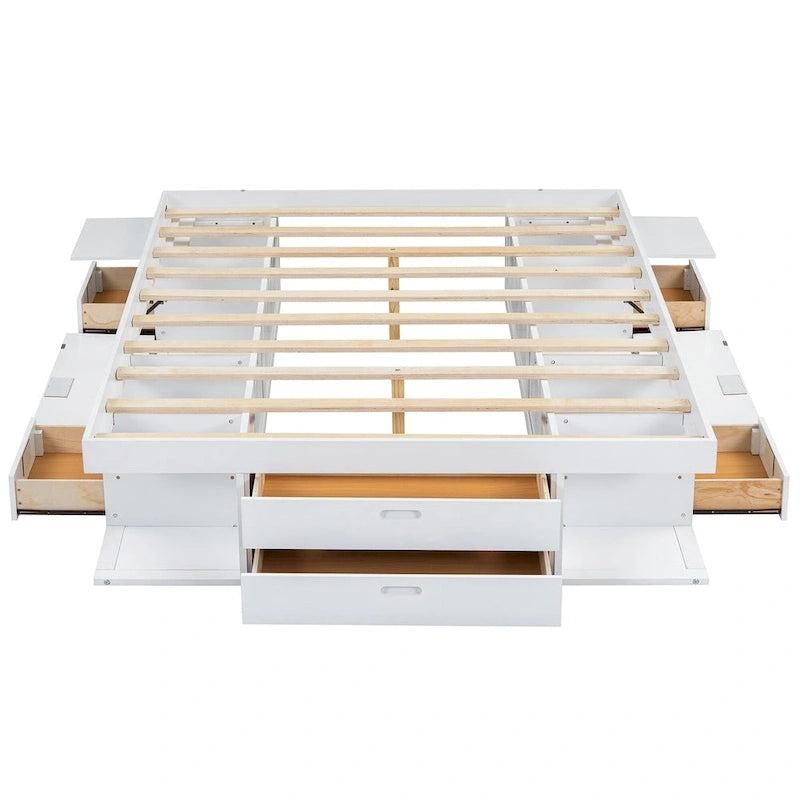 Cama de plataforma Queen blanca con cajones y estantes de almacenamiento, 1 persona