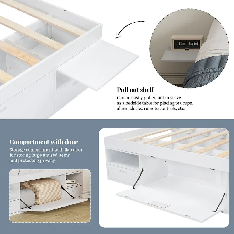 Cama de plataforma Queen blanca con cajones y estantes de almacenamiento, 1 persona