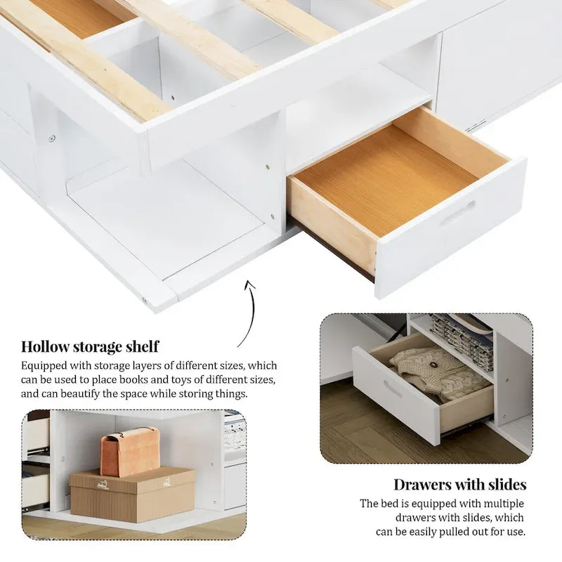 Cama de plataforma Queen blanca con cajones y estantes de almacenamiento, 1 persona