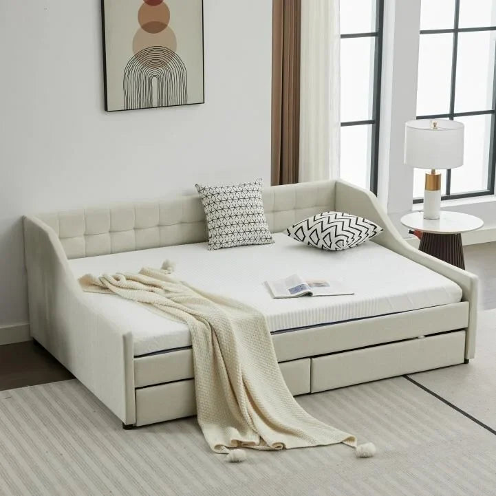 Cama nido doble de algodón a rayas grises/beige con cajones de almacenamiento, asientos y capacidad para 1 persona