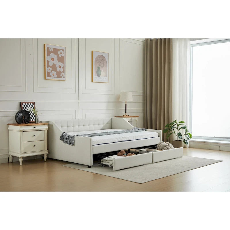 Cama nido doble de algodón a rayas grises/beige con cajones de almacenamiento, asientos y capacidad para 1 persona