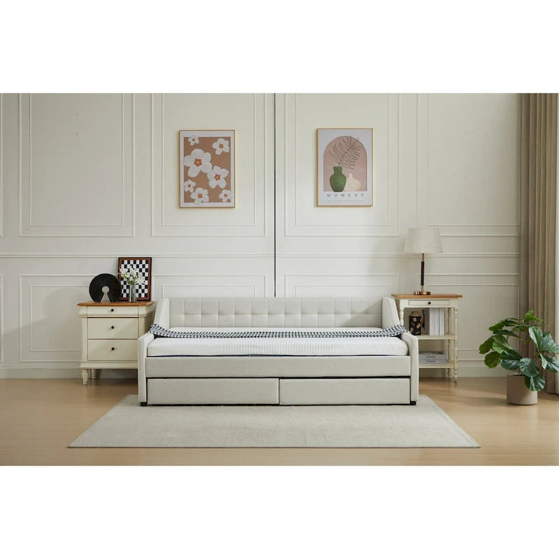 Cama nido doble de algodón a rayas grises/beige con cajones de almacenamiento, asientos y capacidad para 1 persona