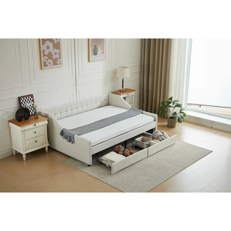 Cama nido doble de algodón a rayas grises/beige con cajones de almacenamiento, asientos y capacidad para 1 persona