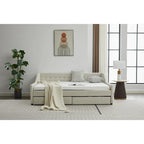 Cama nido doble de algodón a rayas grises/beige con cajones de almacenamiento, asientos y capacidad para 1 persona
