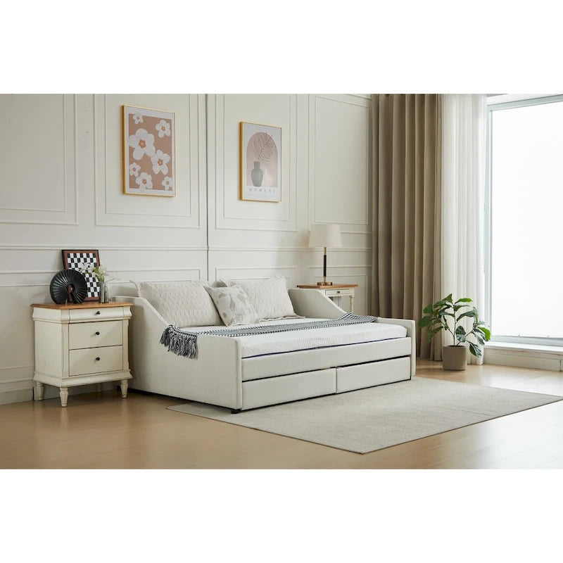 Cama nido doble de algodón a rayas grises/beige con cajones de almacenamiento, asientos y capacidad para 1 persona