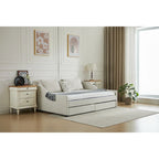 Cama nido doble de algodón a rayas grises/beige con cajones de almacenamiento, asientos y capacidad para 1 persona