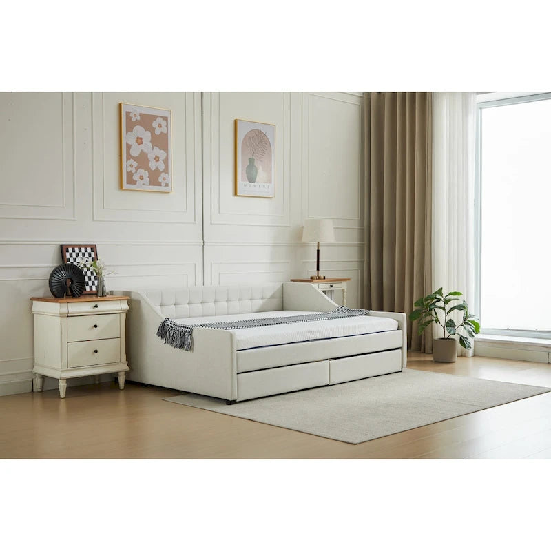 Cama nido doble de algodón a rayas grises/beige con cajones de almacenamiento, asientos y capacidad para 1 persona