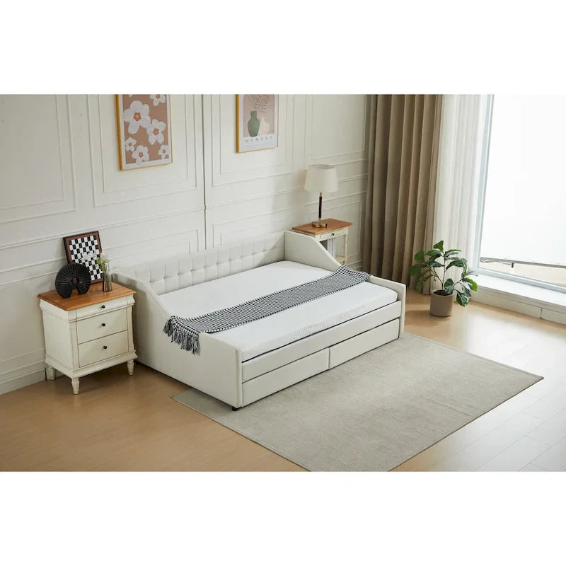 Cama nido doble de algodón a rayas grises/beige con cajones de almacenamiento, asientos y capacidad para 1 persona