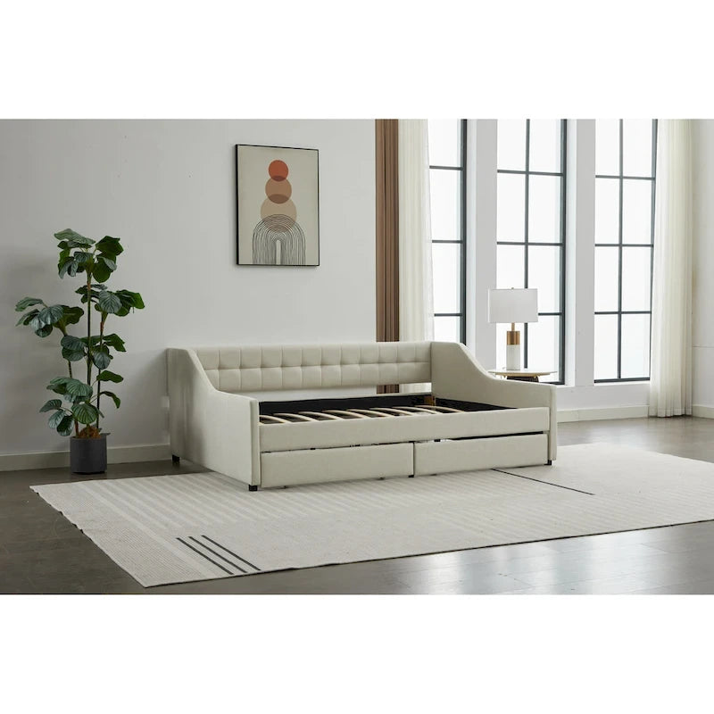 Cama nido doble de algodón a rayas grises/beige con cajones de almacenamiento, asientos y capacidad para 1 persona