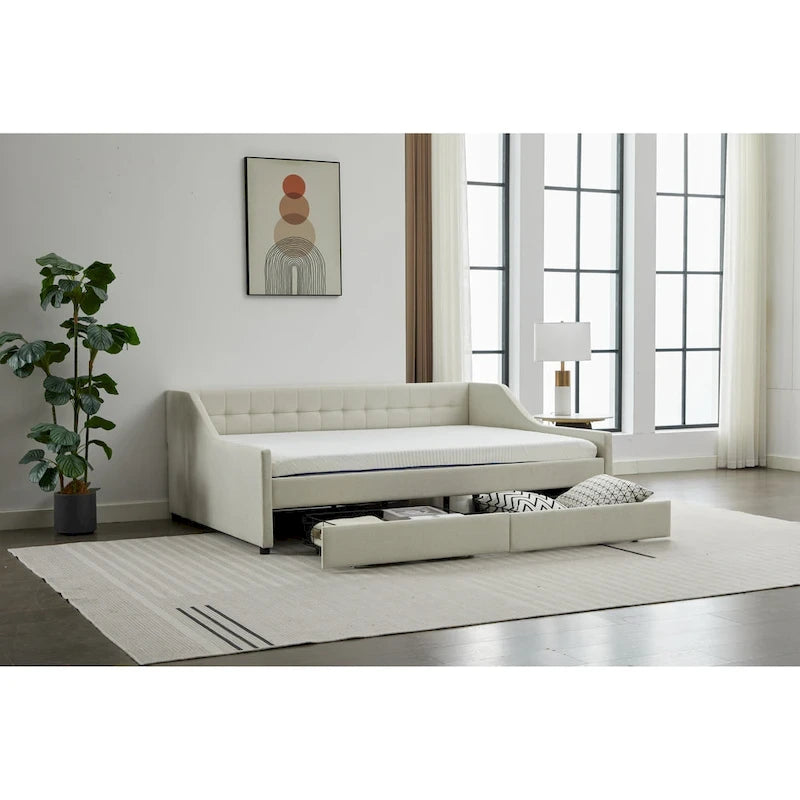 Cama nido doble de algodón a rayas grises/beige con cajones de almacenamiento, asientos y capacidad para 1 persona
