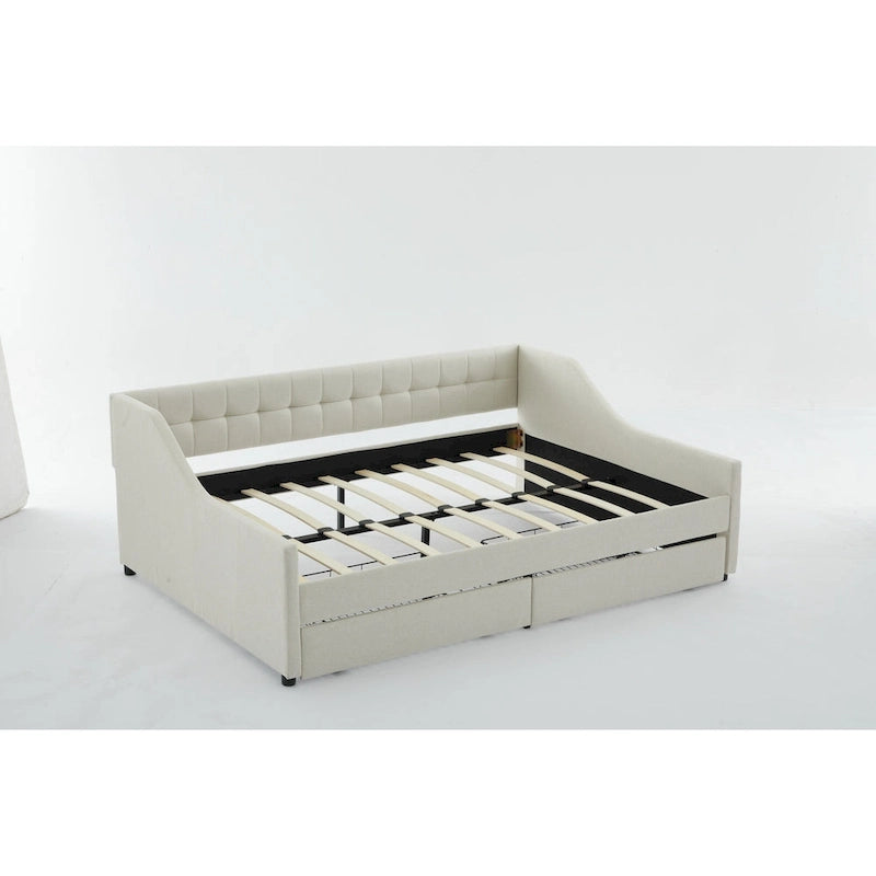 Cama nido doble de algodón a rayas grises/beige con cajones de almacenamiento, asientos y capacidad para 1 persona