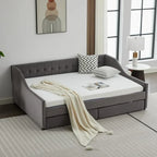 Cama nido doble de algodón a rayas grises/beige con cajones de almacenamiento, asientos y capacidad para 1 persona
