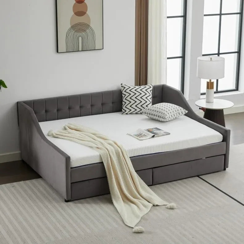 Cama nido doble de algodón a rayas grises/beige con cajones de almacenamiento, asientos y capacidad para 1 persona