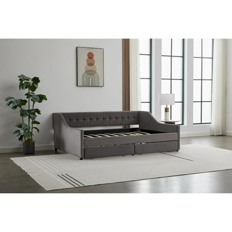 Cama nido doble de algodón a rayas grises/beige con cajones de almacenamiento, asientos y capacidad para 1 persona