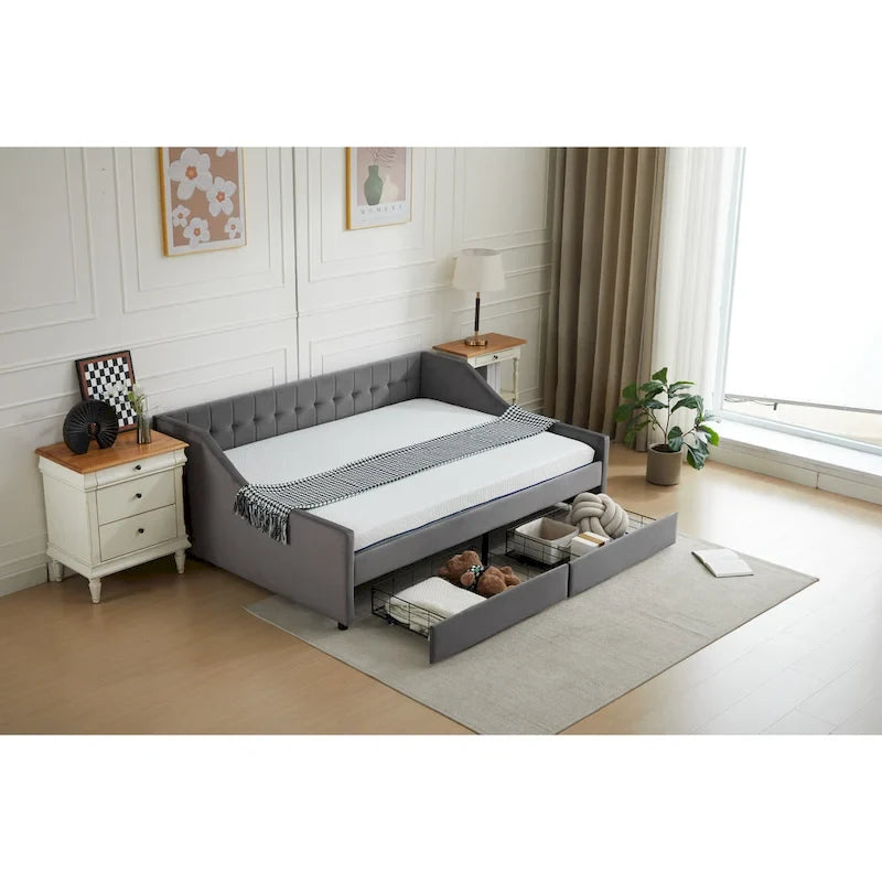 Cama nido doble de algodón a rayas grises/beige con cajones de almacenamiento, asientos y capacidad para 1 persona