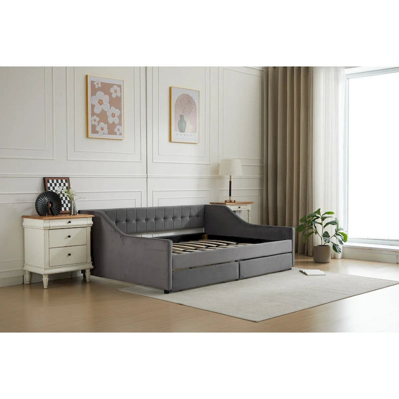 Cama nido doble de algodón a rayas grises/beige con cajones de almacenamiento, asientos y capacidad para 1 persona