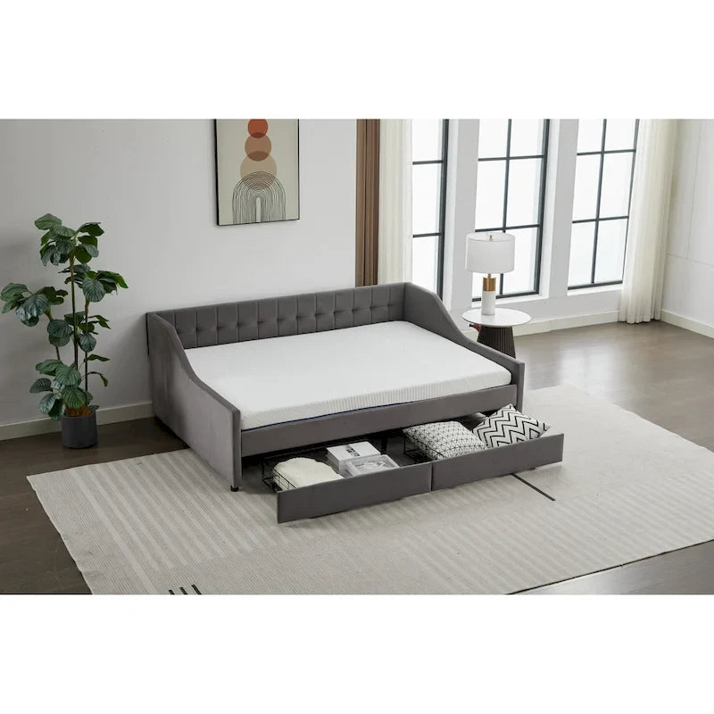 Cama nido doble de algodón a rayas grises/beige con cajones de almacenamiento, asientos y capacidad para 1 persona
