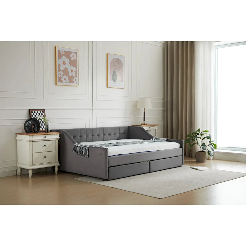 Cama nido doble de algodón a rayas grises/beige con cajones de almacenamiento, asientos y capacidad para 1 persona