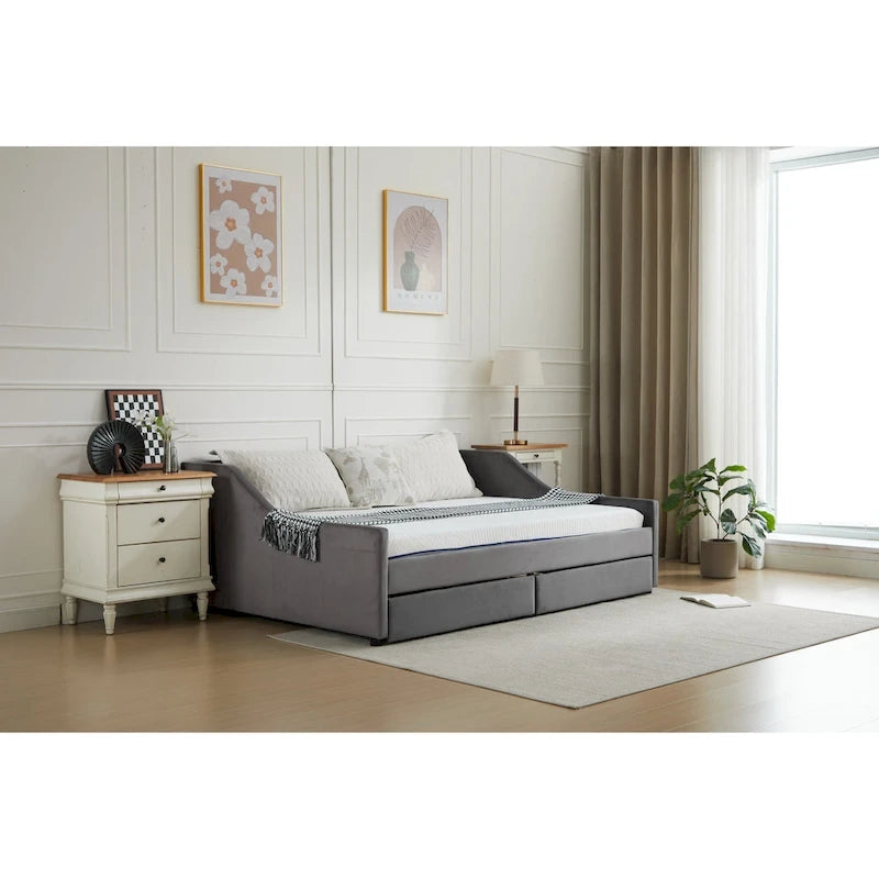 Cama nido doble de algodón a rayas grises/beige con cajones de almacenamiento, asientos y capacidad para 1 persona
