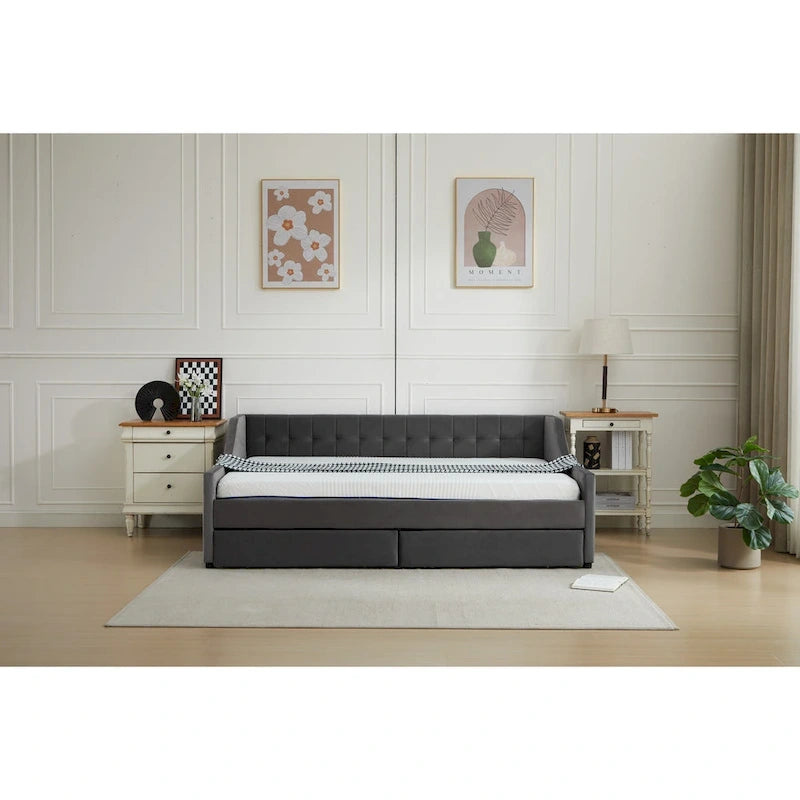 Cama nido doble de algodón a rayas grises/beige con cajones de almacenamiento, asientos y capacidad para 1 persona